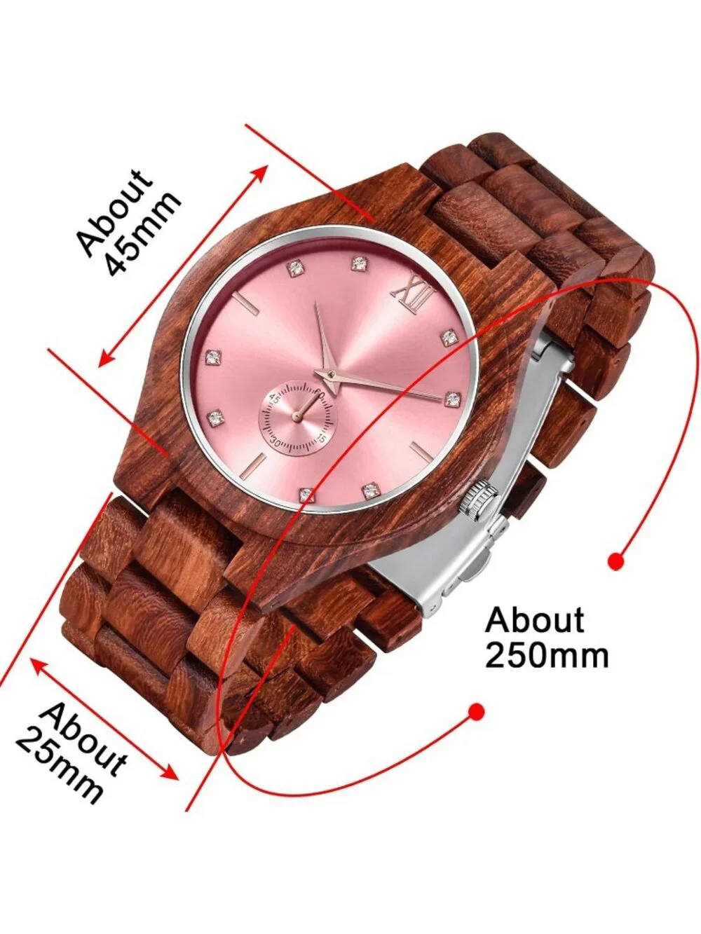 Men's Red And Pink Handmade Lightweight Analog Quartz Round Wrist Wooden Watch